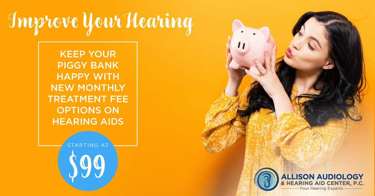 Facebook Ad for Allison Audiology - woman holding piggy bank - keep your piggy bank happy with new monthly treatment fee options on hearing aids