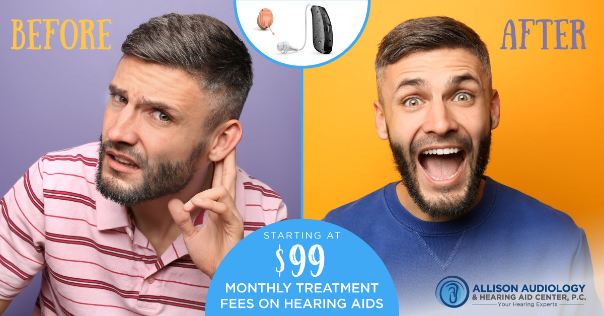 Facebook Ad for Allison Audiology promoting new monthly leasing fees on hearing aids - split screen of man struggling to hear and man looking happy