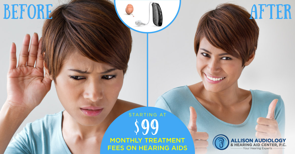 Facebook Ad for Allison Audiology promoting new monthly leasing fees on hearing aids - split screen of woman struggling to hear and woman looking happy