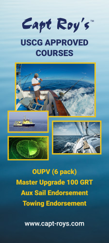 Capt Roy's Pop up banner promoting USCG Approved Courses with images of people captaining vessels and radar equipment