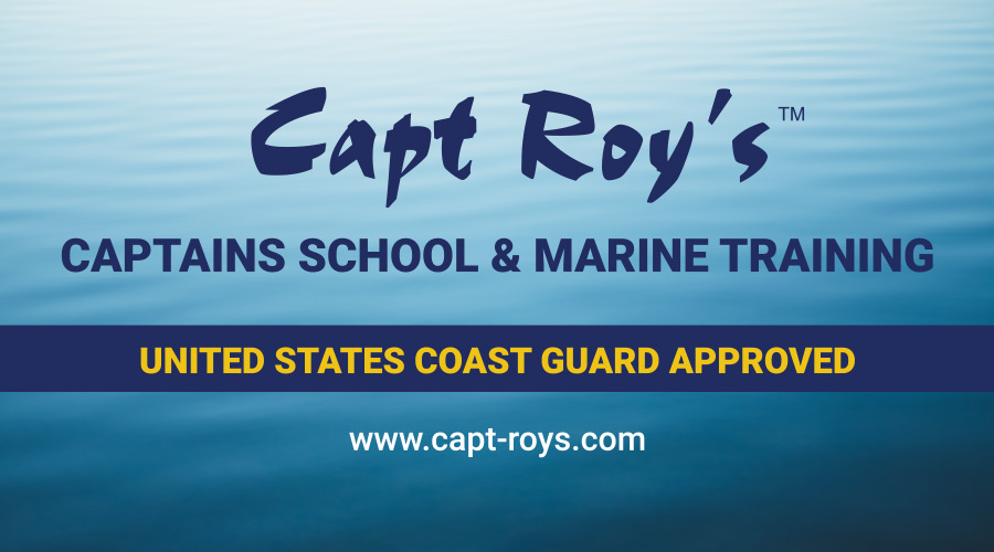 Capt Roy's Captains School & Marine Training US Coast Guard Approved Tradeshow Backdrop with water background