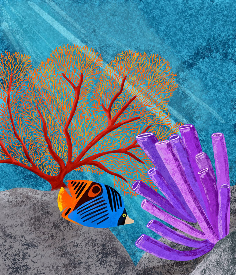 Coral Reef illustration with fish, fan coral and tube coral