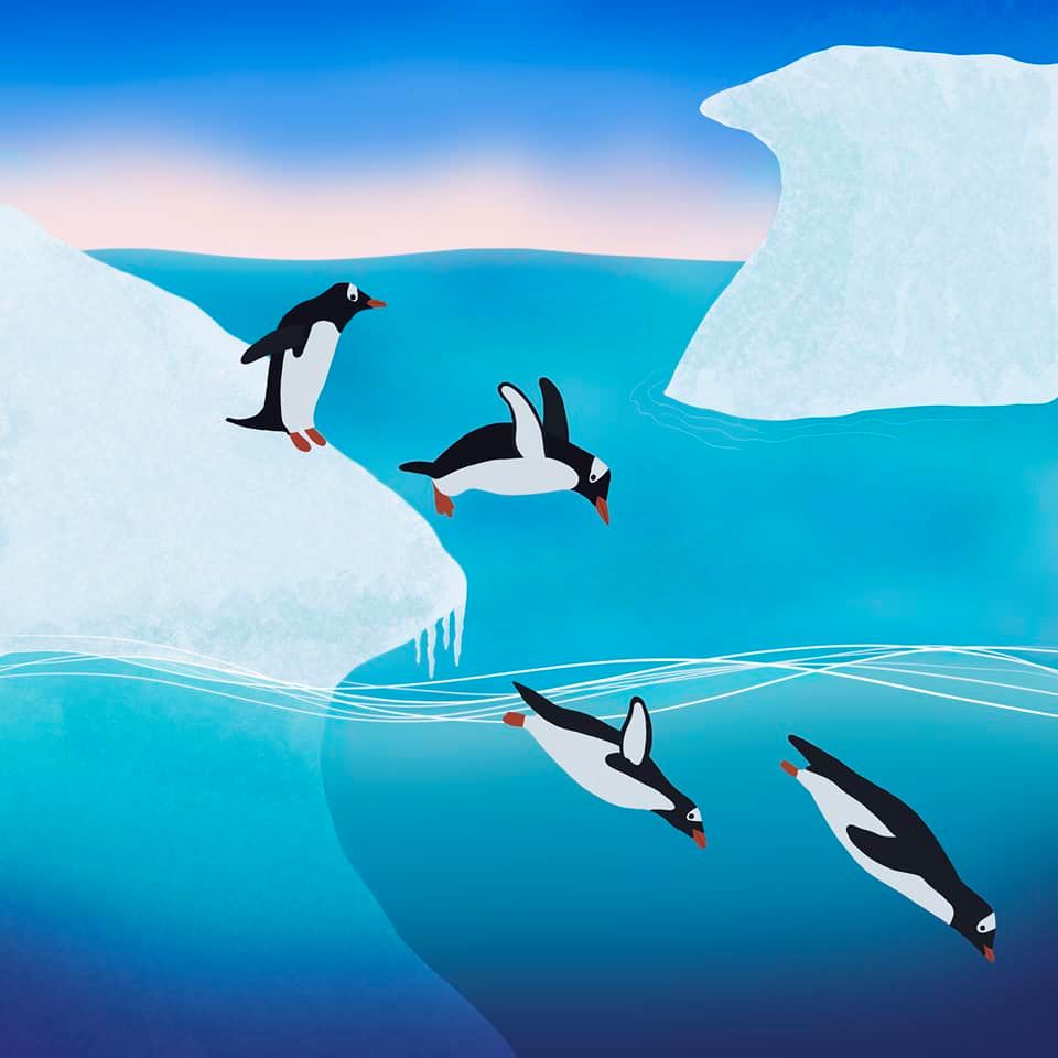 Polar Seas penguins jumping from ice into water in Antarctica digital illustration