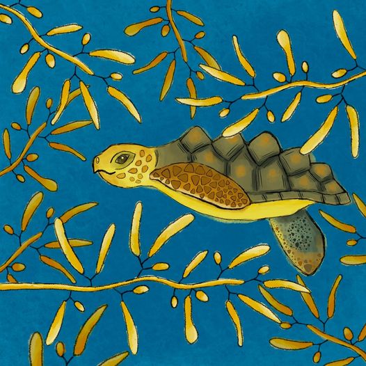 Sargasso sea - baby sea turtle swimming through sargassum sea weed - digital illustration