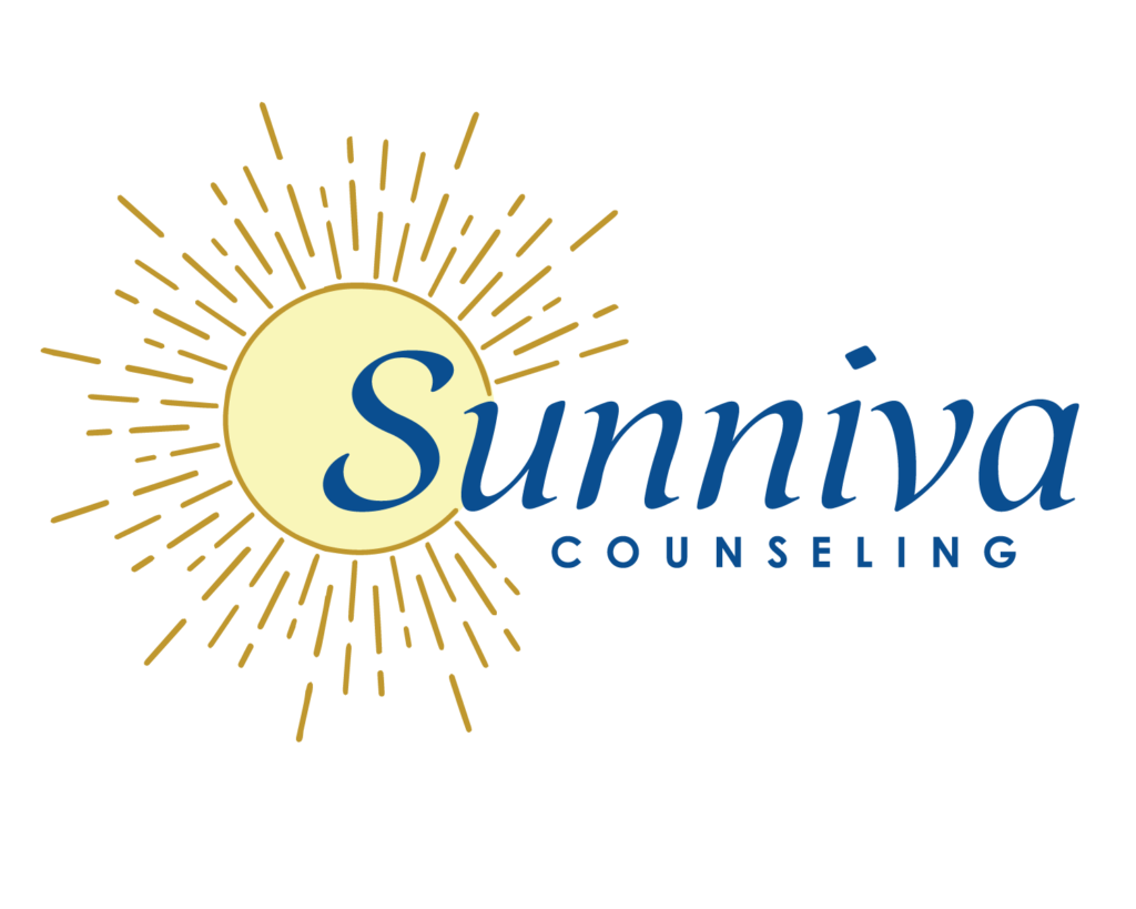 yellow and gold sunburst surrounding the beginning of the word Sunniva with Counseling in smaller text below. Logo for Sunniva counseling.